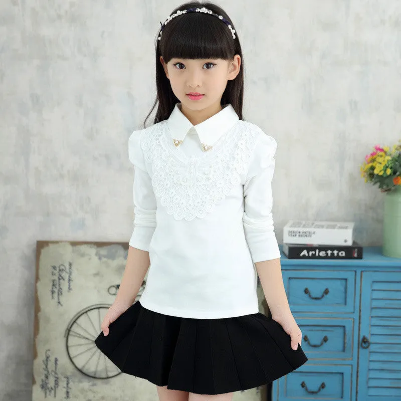 Girls Blouses Shirts Fashion Solid Turn-Down Lace Flower Blouses Children Girls Cotton Clothes