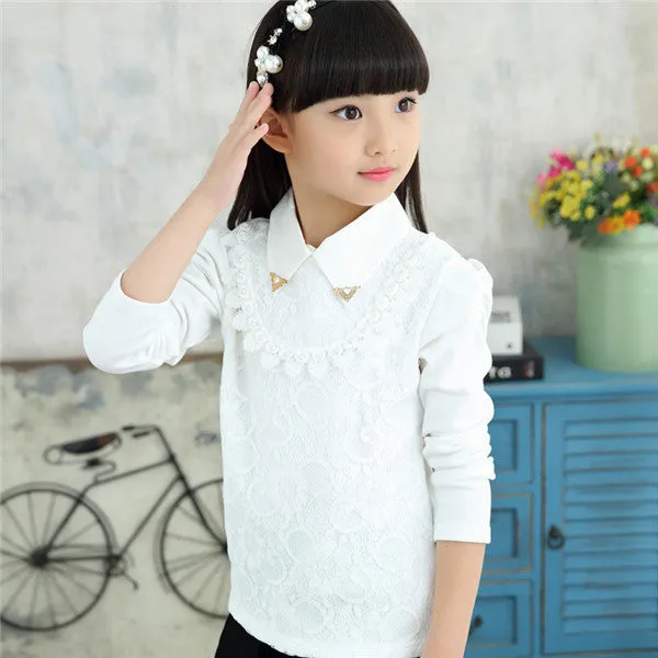Girls Blouses Shirts Fashion Solid Turn-Down Lace Flower Blouses Children Girls Cotton Clothes