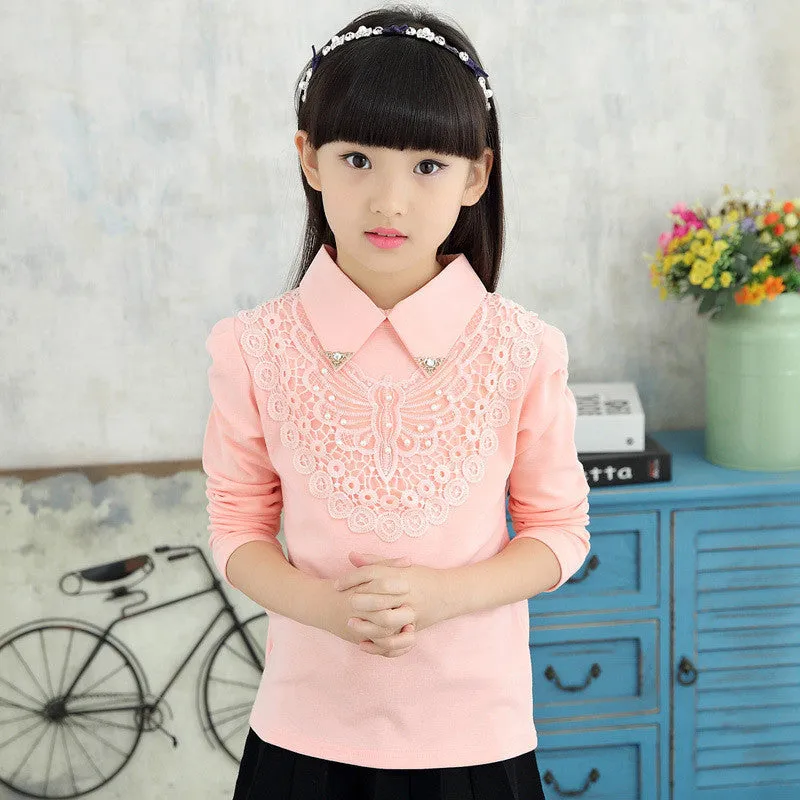 Girls Blouses Shirts Fashion Solid Turn-Down Lace Flower Blouses Children Girls Cotton Clothes
