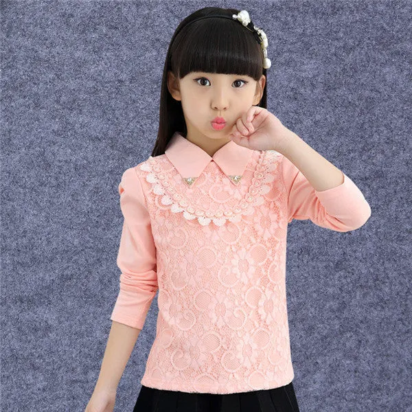 Girls Blouses Shirts Fashion Solid Turn-Down Lace Flower Blouses Children Girls Cotton Clothes
