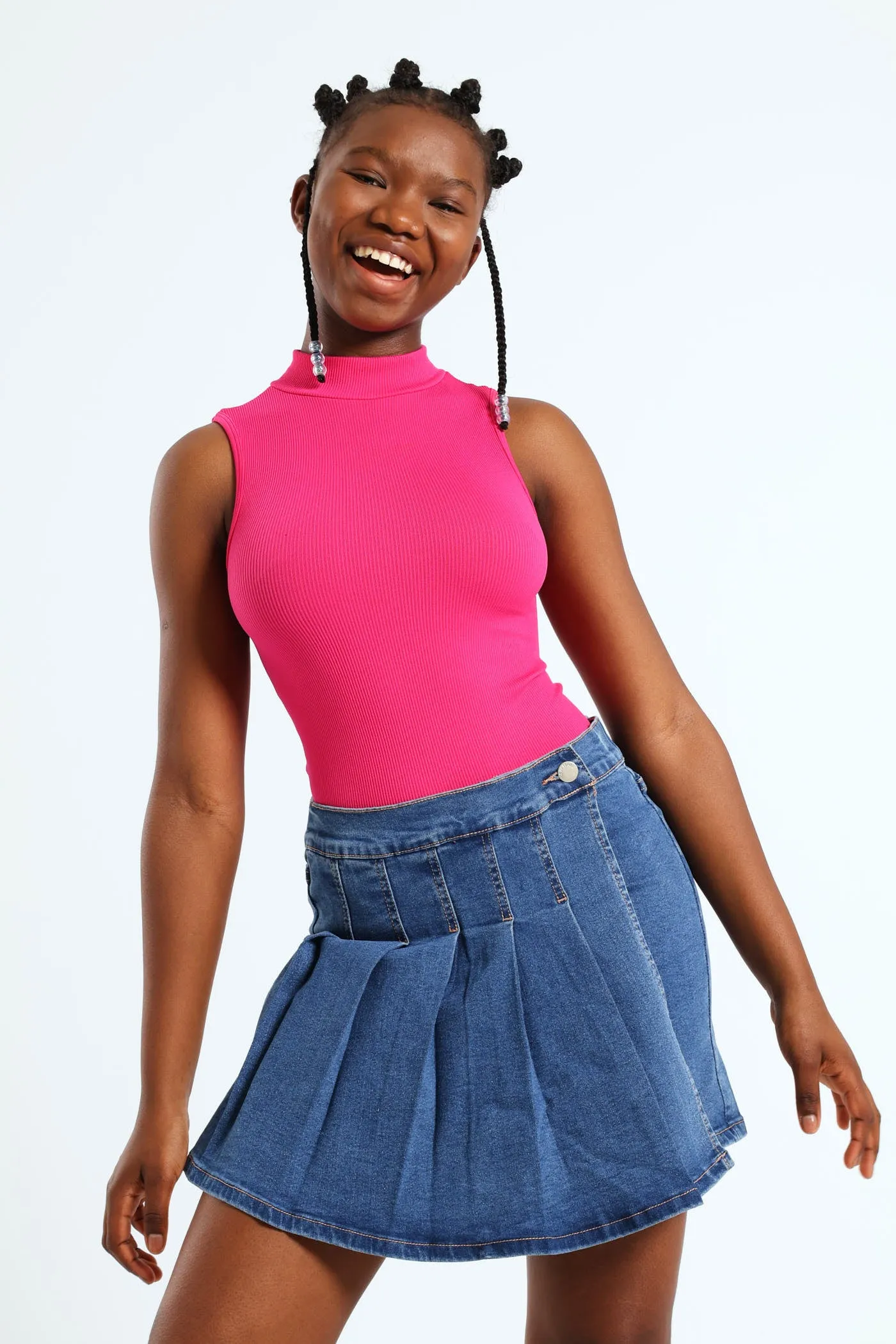 Girls Denim Pleated Skort - Mid Blue