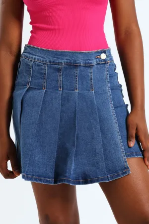 Girls Denim Pleated Skort - Mid Blue