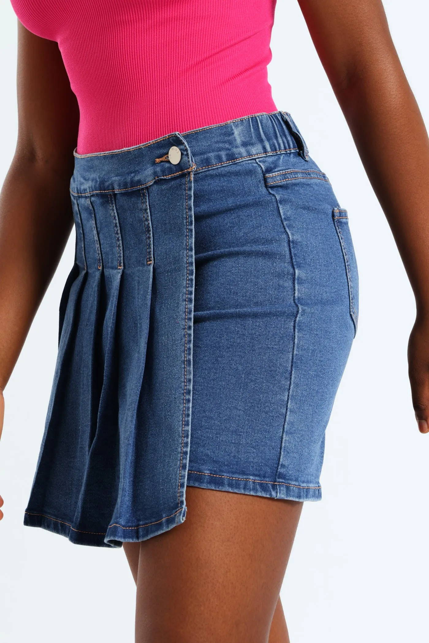Girls Denim Pleated Skort - Mid Blue