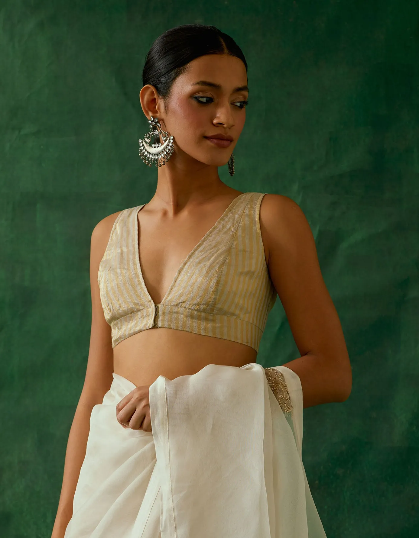 Gold & Silver Stripes Zari Silk Sleeveless Blouse in Handwoven Fabric