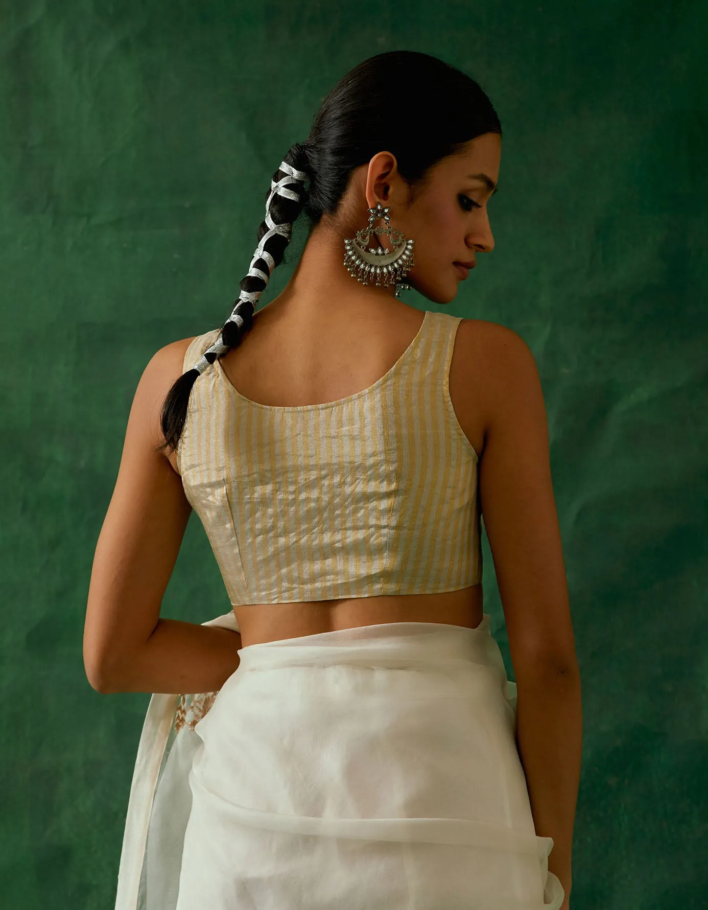 Gold & Silver Stripes Zari Silk Sleeveless Blouse in Handwoven Fabric