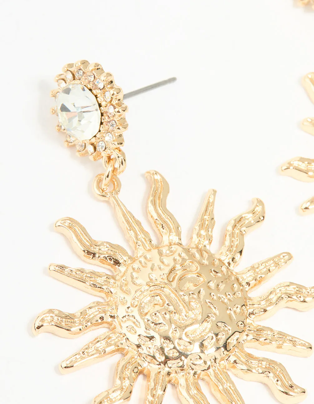 Gold Diamante Smiley Textured Sun Drop Earrings
