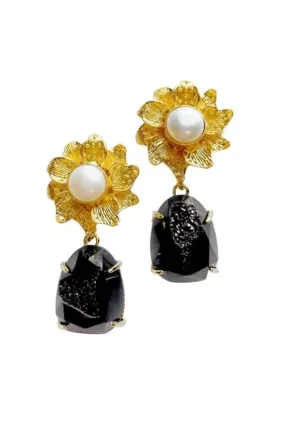 Gold Flower Pearl   Black Druzy