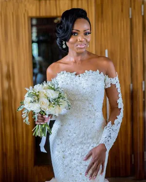 Gorgeous Mermaid Lace Wedding Dresses Full Sleeves Appliques Sheer Neckline Tulle Trumpet Wedding Gown African