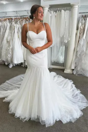 Gorgeous Satin Mermaid Sweetheart Wedding Dresses With Court Train, MW1065