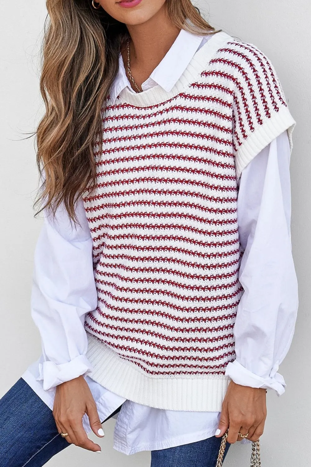 Hazel Blues® |  Round Neck Striped Sweater Vest