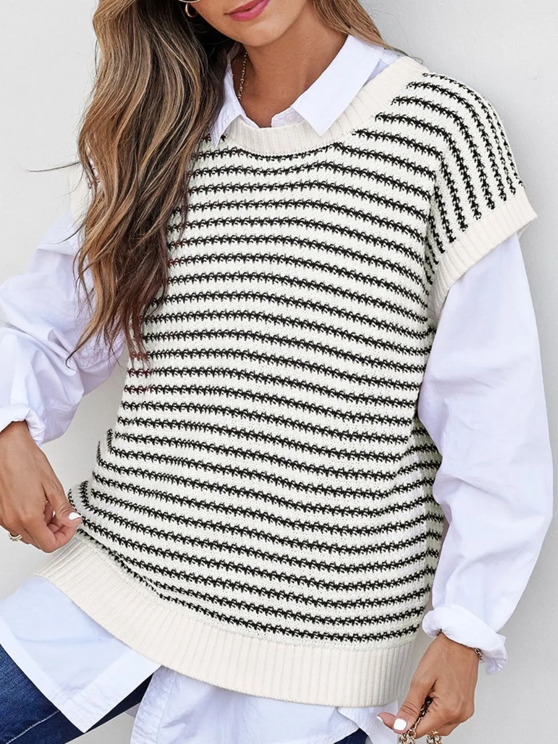 Hazel Blues® |  Round Neck Striped Sweater Vest