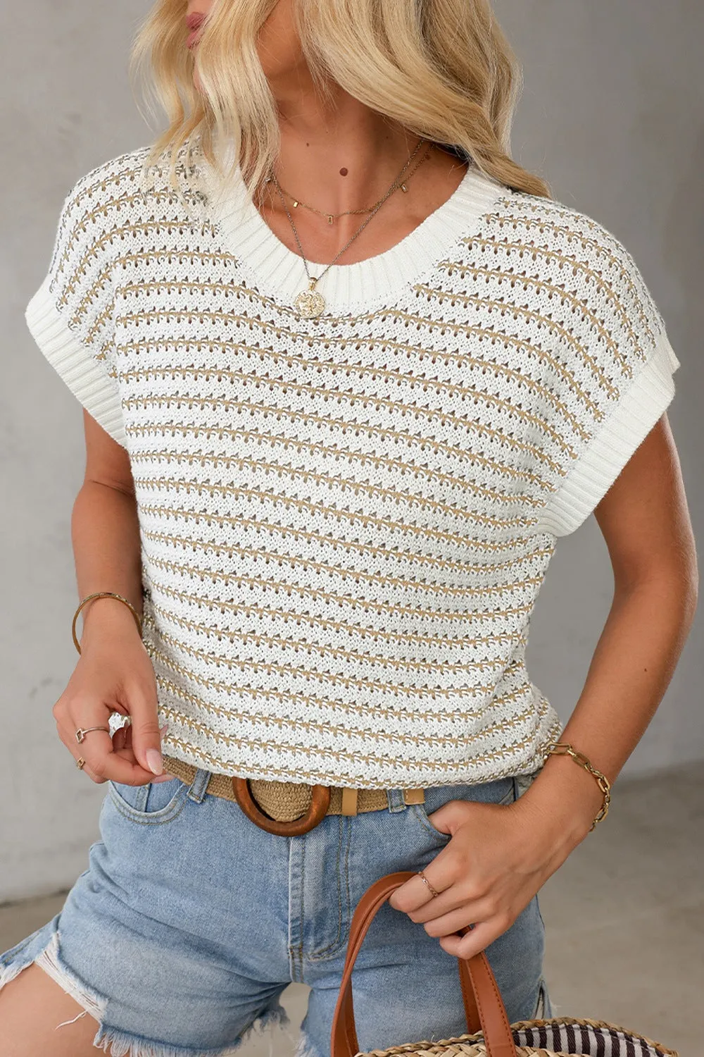Hazel Blues® |  Round Neck Striped Sweater Vest
