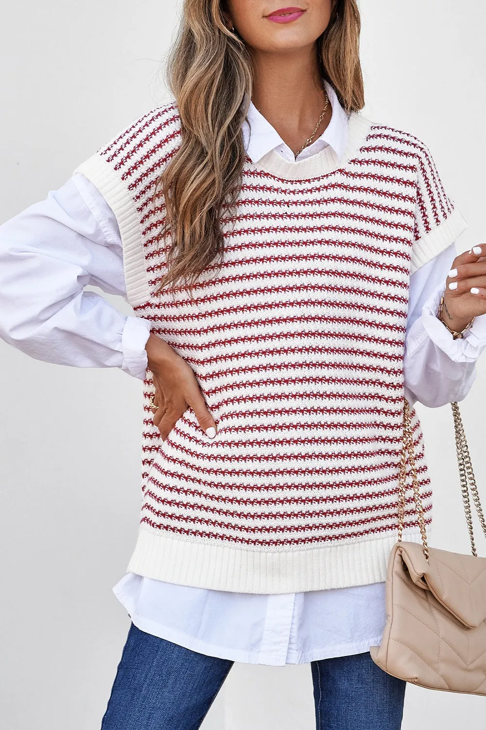 Hazel Blues® |  Round Neck Striped Sweater Vest