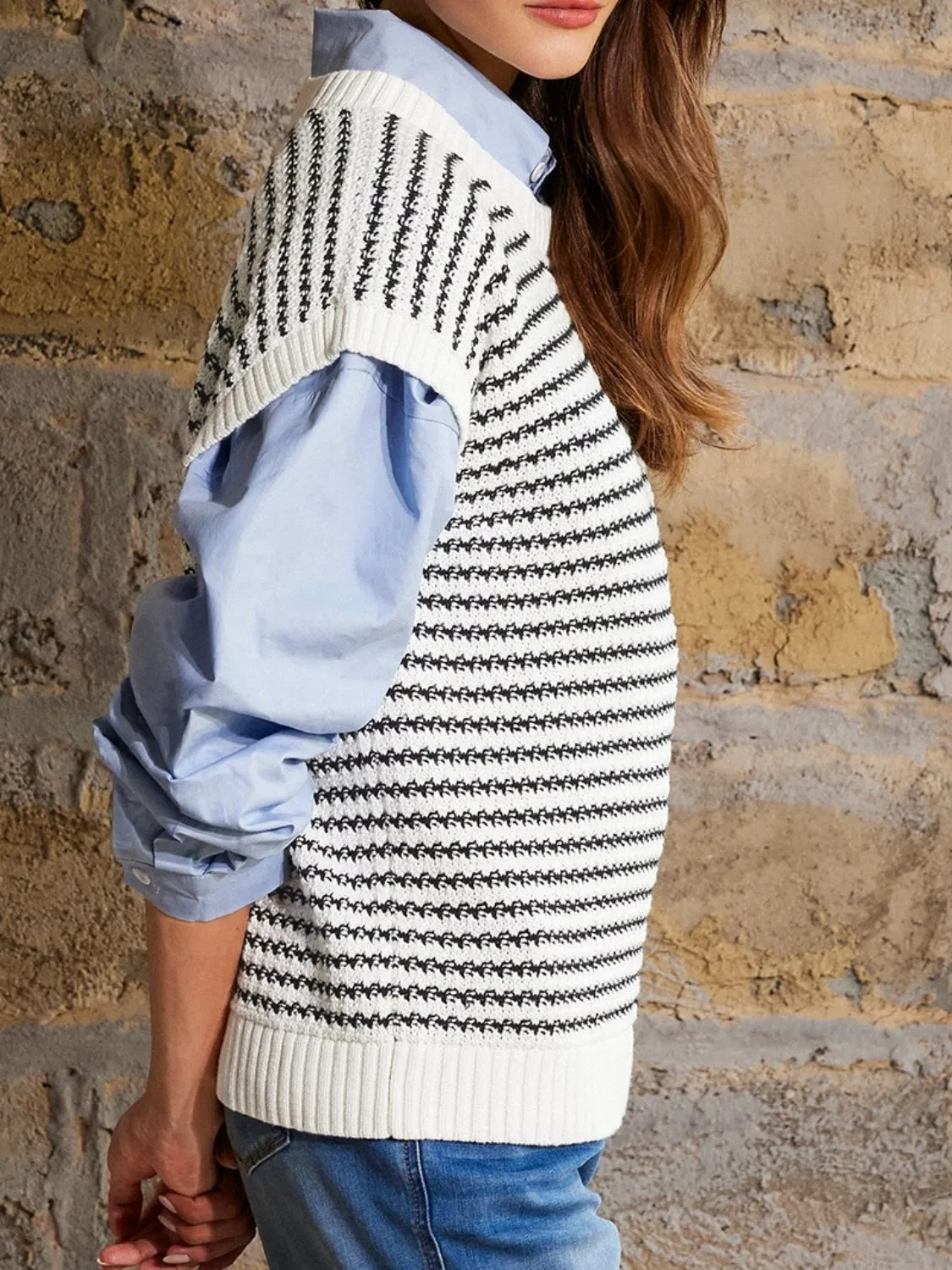 Hazel Blues® |  Round Neck Striped Sweater Vest