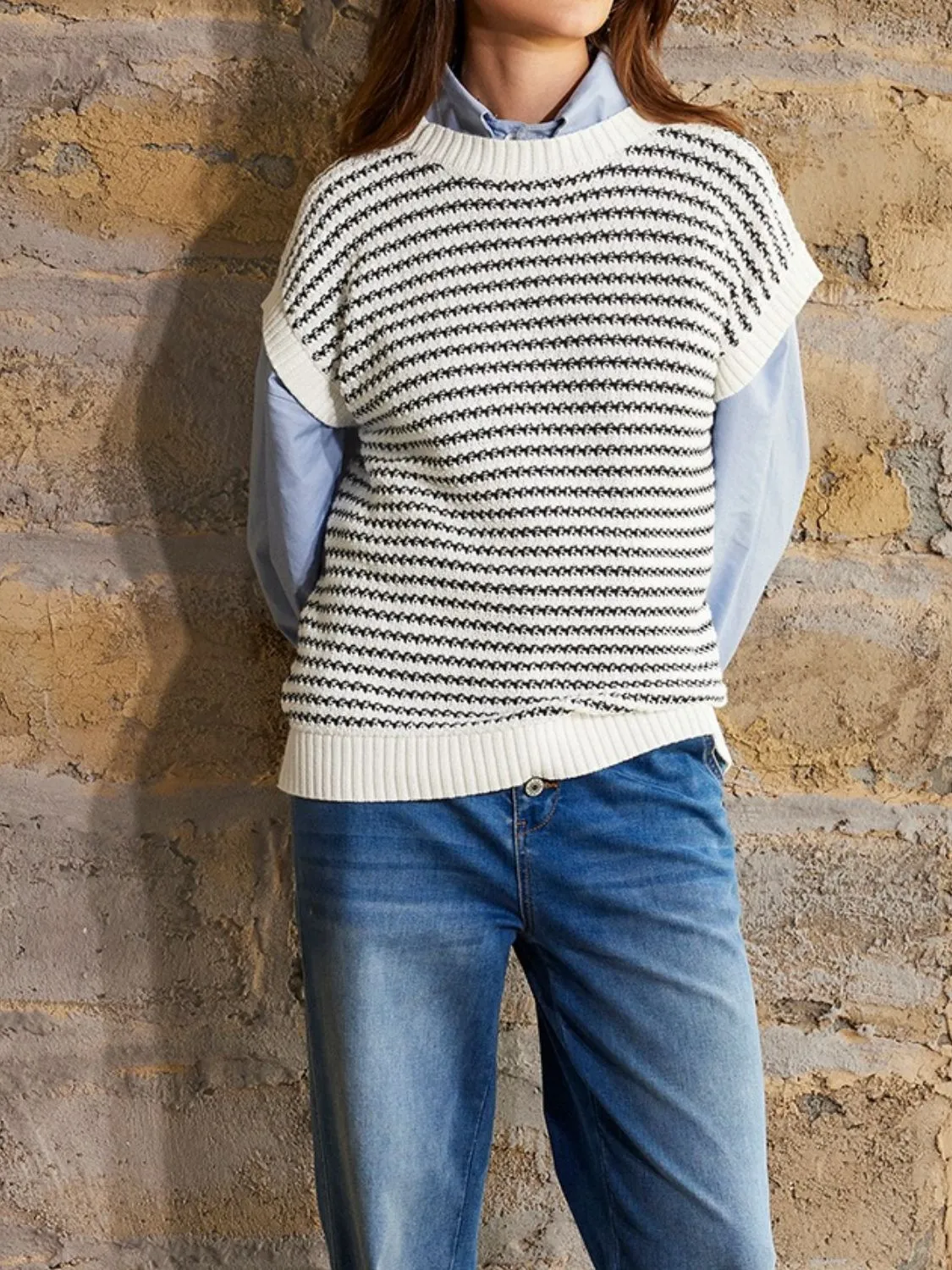 Hazel Blues® |  Round Neck Striped Sweater Vest