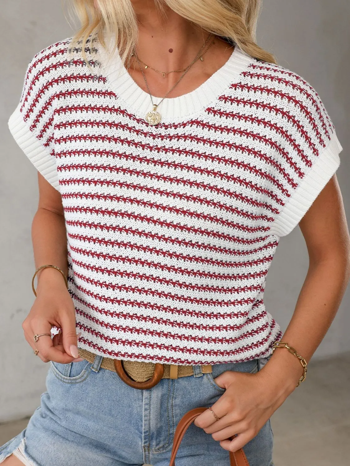 Hazel Blues® |  Round Neck Striped Sweater Vest