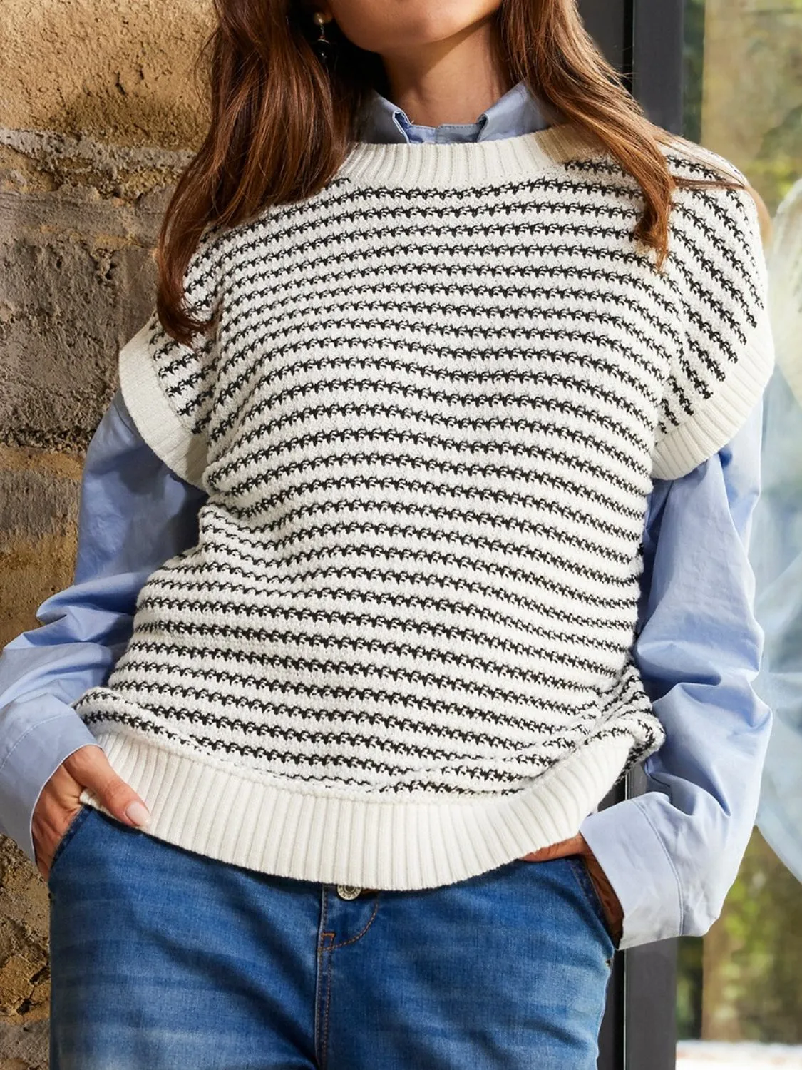 Hazel Blues® |  Round Neck Striped Sweater Vest
