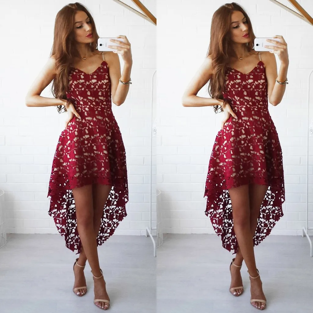 High-Low Lace Sleeveless Semi-Formal Dress With Belt, Homecoming Dress,BDY0155