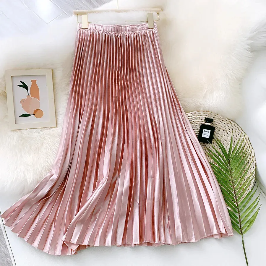 High Waist Satin Pleated Skirt Solid Color Midi Long Skirt for Women