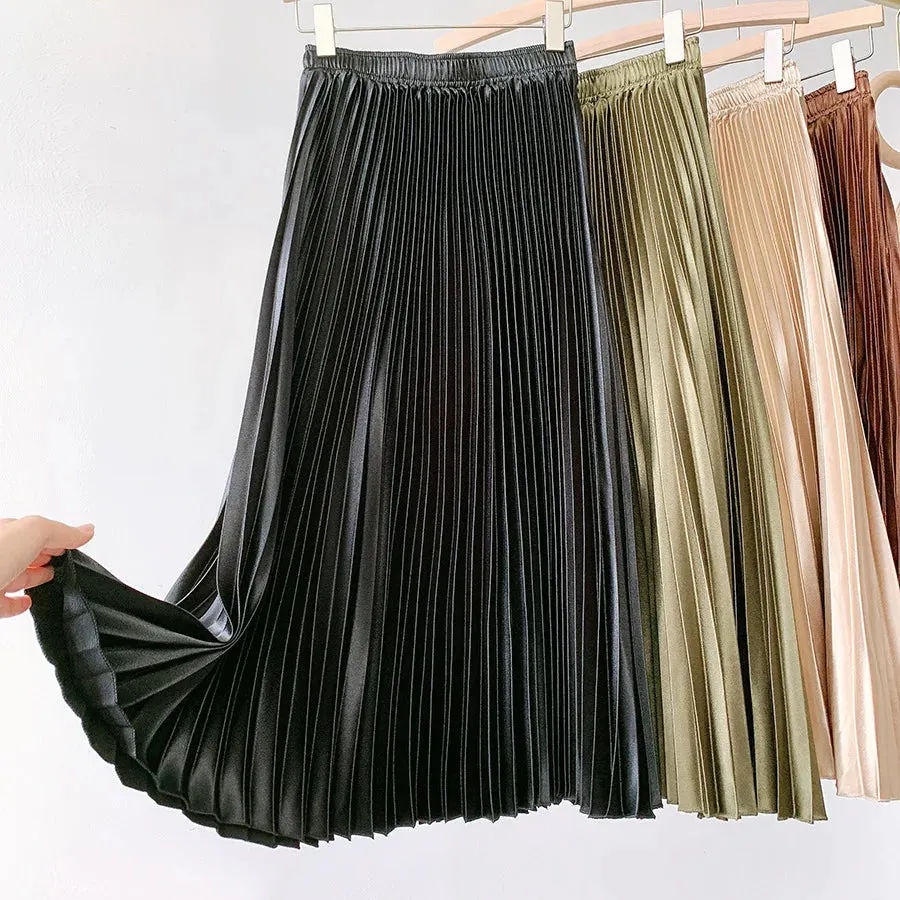 High Waist Satin Pleated Skirt Solid Color Midi Long Skirt for Women