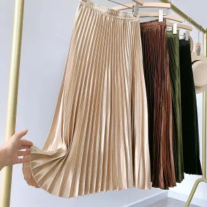 High Waist Satin Pleated Skirt Solid Color Midi Long Skirt for Women