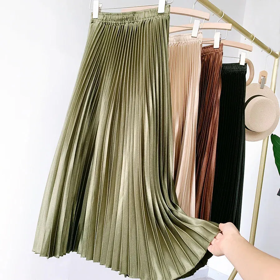 High Waist Satin Pleated Skirt Solid Color Midi Long Skirt for Women