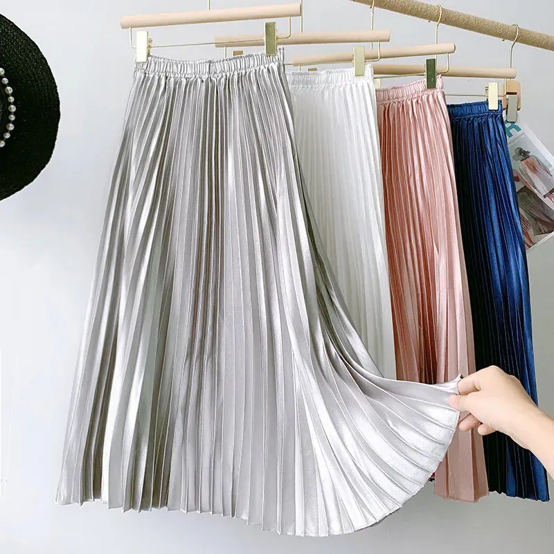 High Waist Satin Pleated Skirt Solid Color Midi Long Skirt for Women
