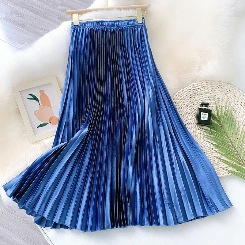 High Waist Satin Pleated Skirt Solid Color Midi Long Skirt for Women