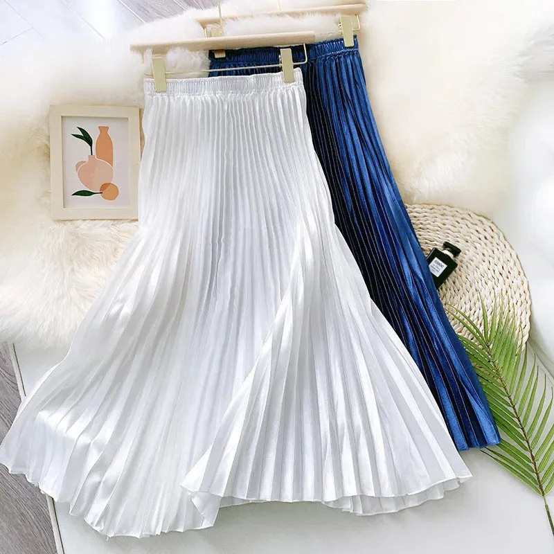 High Waist Satin Pleated Skirt Solid Color Midi Long Skirt for Women