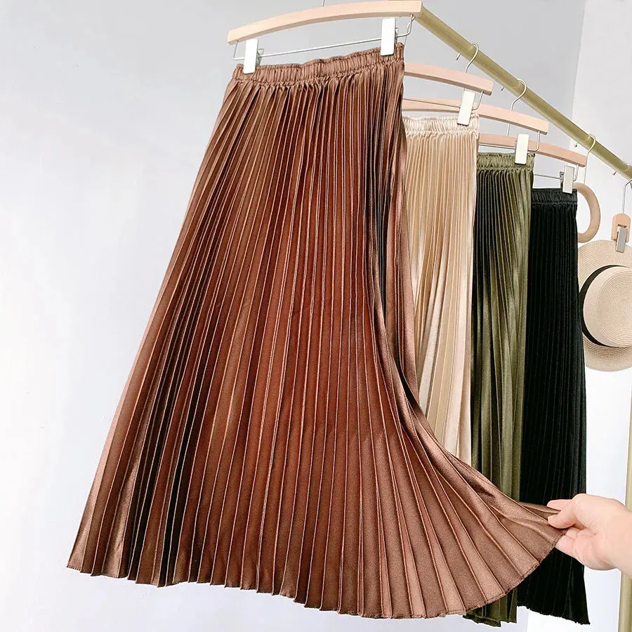 High Waist Satin Pleated Skirt Solid Color Midi Long Skirt for Women