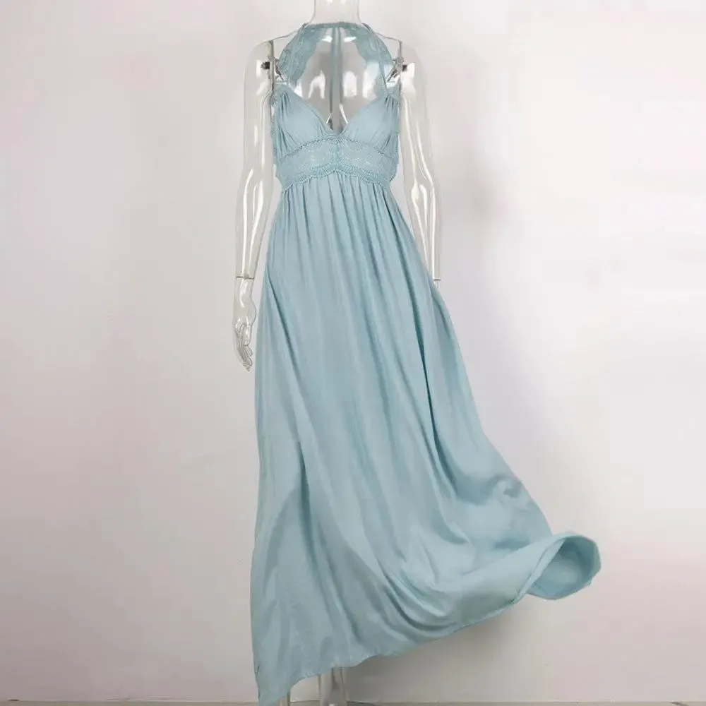 Hollow Out Beach Halter Maxi Pleated Dress Bohemian Sleeveless Backless White Lace Dress Summer Vacation Party Dresses