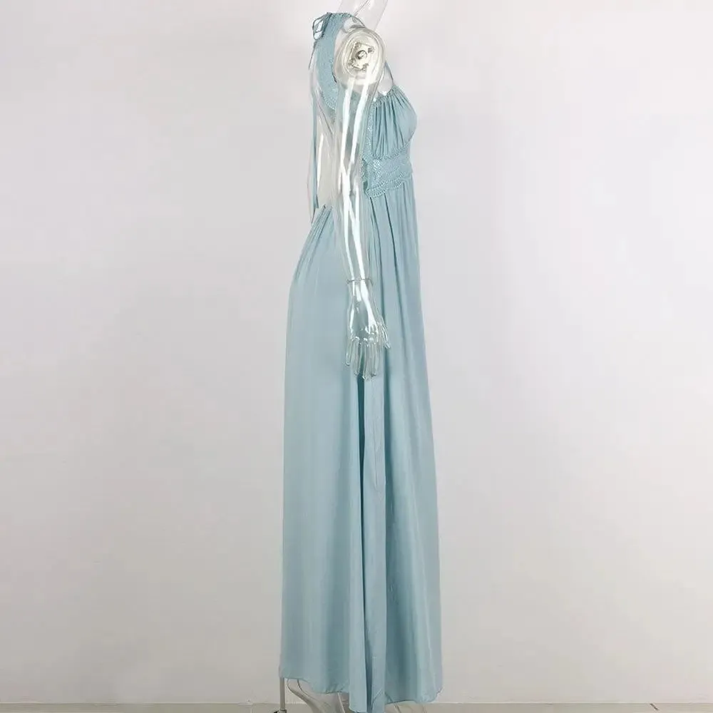 Hollow Out Beach Halter Maxi Pleated Dress Bohemian Sleeveless Backless White Lace Dress Summer Vacation Party Dresses