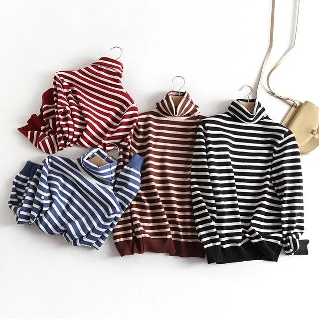 Horizontal Striped Pullovers Sweaters Turtleneck Sweater Tops