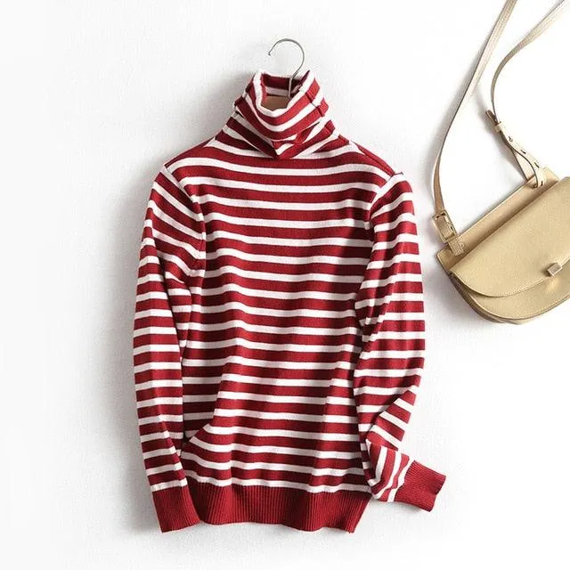 Horizontal Striped Pullovers Sweaters Turtleneck Sweater Tops