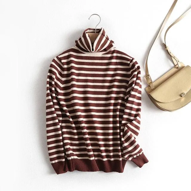 Horizontal Striped Pullovers Sweaters Turtleneck Sweater Tops