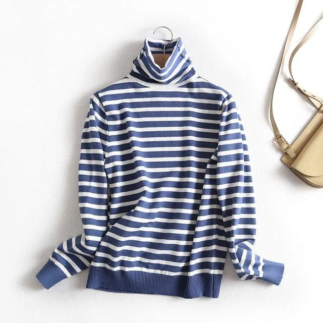 Horizontal Striped Pullovers Sweaters Turtleneck Sweater Tops