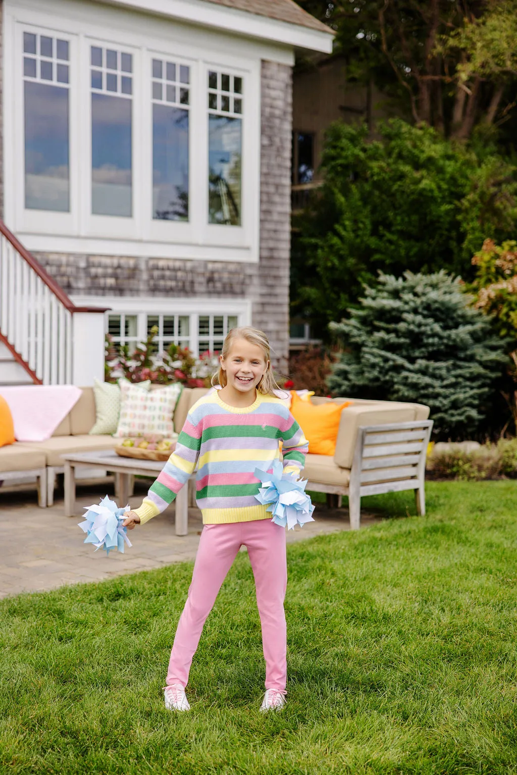 Isabelle's Sweater - Rachael Rainbow Stripe with Hamptons Hot Pink Stork