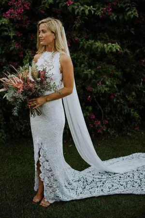 Ivory Mermaid Backless Lace Wedding Dresses With Slit, Bridal Gown, MW999