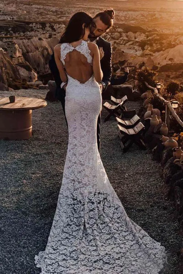 Ivory Mermaid Backless Lace Wedding Dresses With Slit, Bridal Gown, MW999