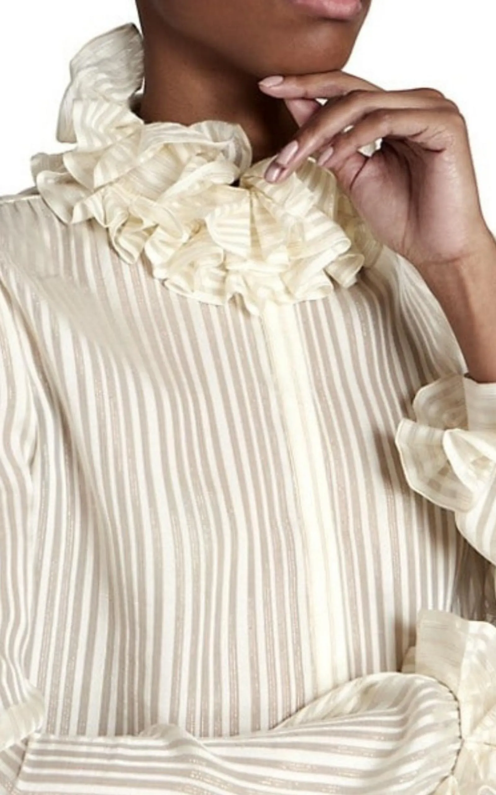 Ivory Ruffle-collar Striped Silk Shirt