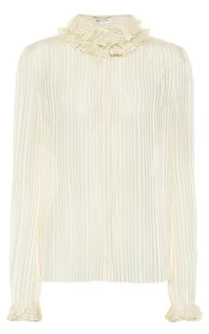 Ivory Ruffle-collar Striped Silk Shirt