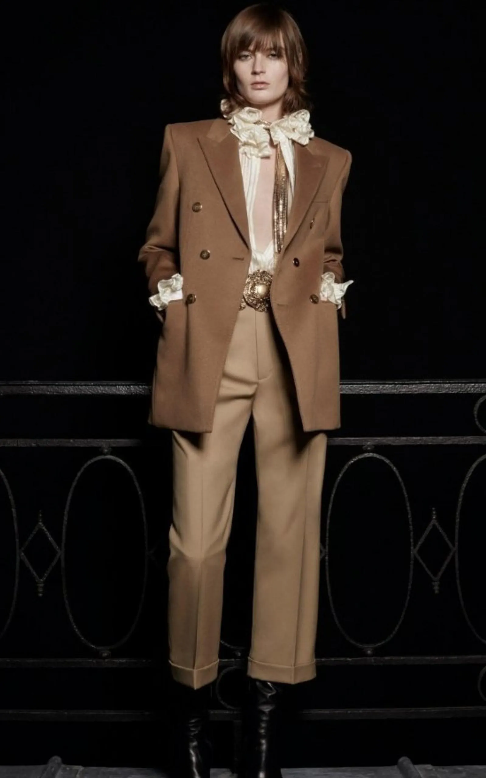 Ivory Ruffle-collar Striped Silk Shirt