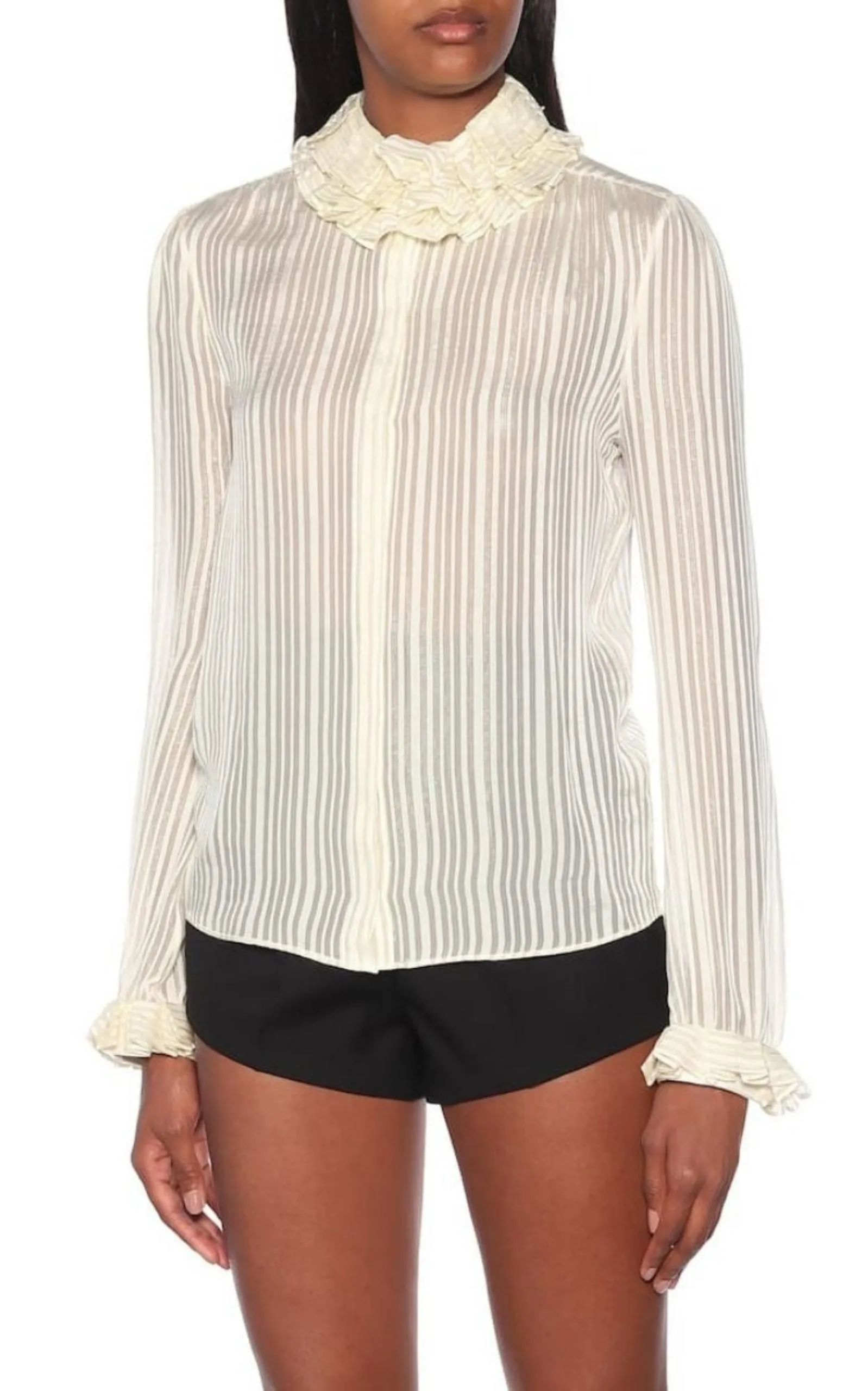 Ivory Ruffle-collar Striped Silk Shirt