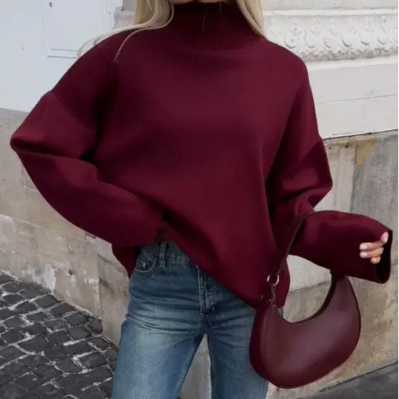 JazzHer Burgundy Red Casual Loose Turtleneck Pullover Women's Long Sleeve Sweater Female Autumn Winter Classic Knitwear Sweaters Women