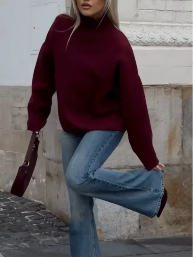JazzHer Burgundy Red Casual Loose Turtleneck Pullover Women's Long Sleeve Sweater Female Autumn Winter Classic Knitwear Sweaters Women