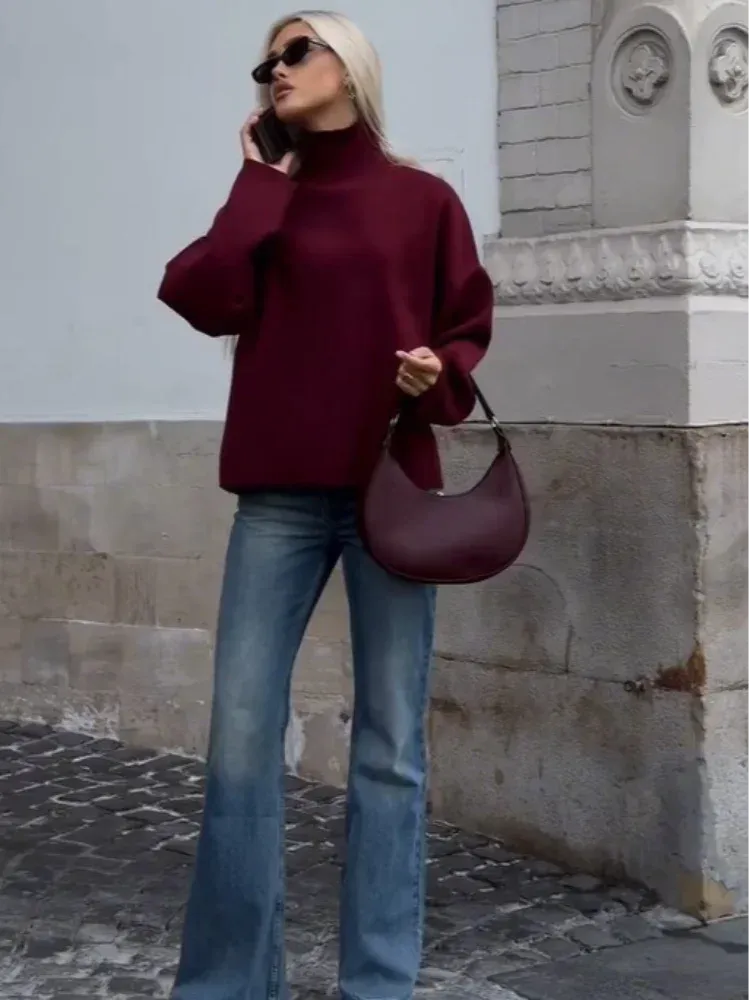 JazzHer Burgundy Red Casual Loose Turtleneck Pullover Women's Long Sleeve Sweater Female Autumn Winter Classic Knitwear Sweaters Women
