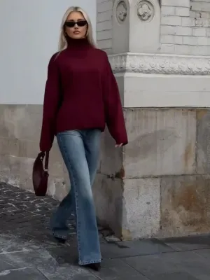 JazzHer Burgundy Red Casual Loose Turtleneck Pullover Women's Long Sleeve Sweater Female Autumn Winter Classic Knitwear Sweaters Women