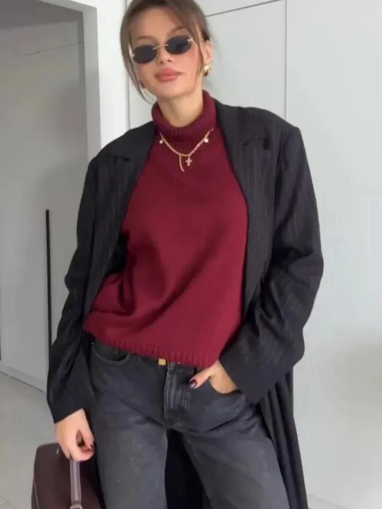 JazzHer Burgundy Red Casual Loose Turtleneck Pullover Women's Long Sleeve Sweater Female Autumn Winter Classic Knitwear Sweaters Women