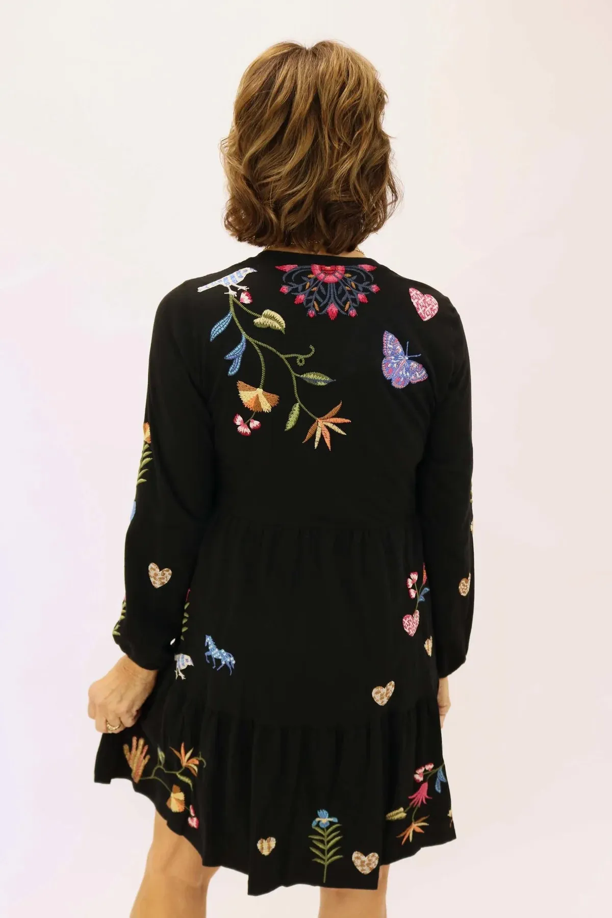 Johnny Was Adela Tiered Knit Dress Puff Butterfly Floral Embroidery Black NEW
