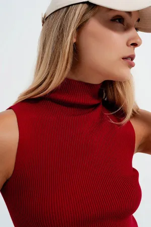 Knitted high neck top in red